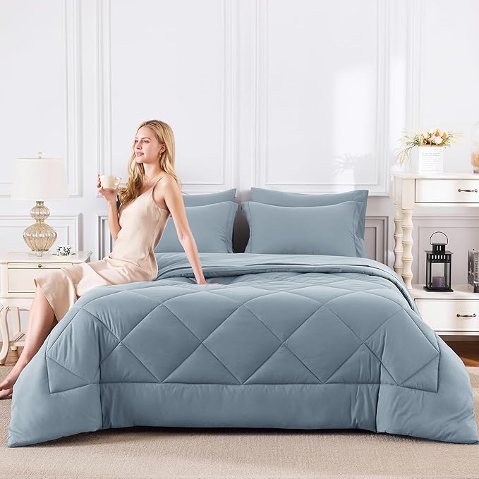 CozyLux Twin Comforter Set with Sheets Dusty Blue - 5 Pieces Bed in a Bag Twin, All Season Bed Set for Girls and Boys, Bedding Set with Down Alternative Comforter, Sheets, Pillowcase & Sham