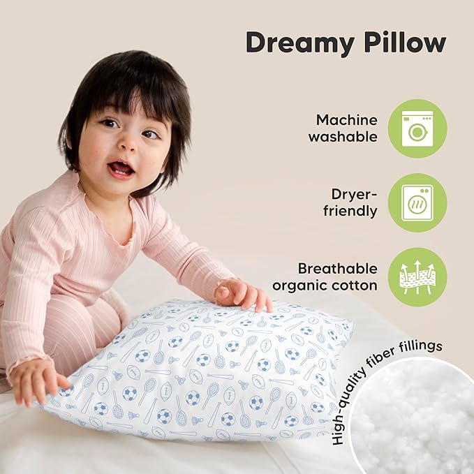 KeaBabies 2-Pack Toddler Pillows 2 Year Old to 5-13x18 Soft Organic Cotton Kids Pillow for Sleeping, Travel, School, Daycare, Nap, Toddler Bed, Machine Washable, Without Pillowcase (Sports)