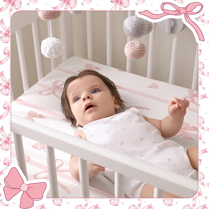 Peryiter 4 Pack Crib Sheets Girl Soft Baby Bed Sheet Set 52'' x 28" Nursery Crib Sheets for Standard Bed for Nursery Decor Baby Boys or Girls(Pink,Pink Bow)