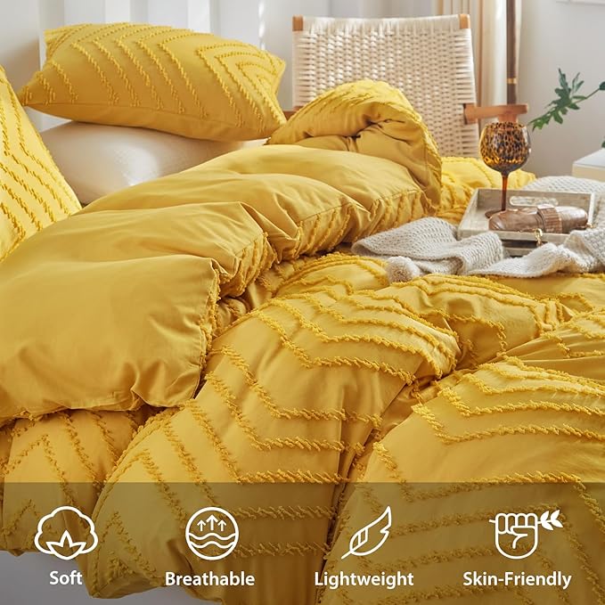 WARMDERN Boho Duvet Cover Set, Tufted Bedding Duvet Covers Soft Washed Microfiber Duvet Cover Queen Size, 3 Pieces Embroidery Shabby Chic Duvet Cover with Zipper Closure(Bright Yellow, Queen)