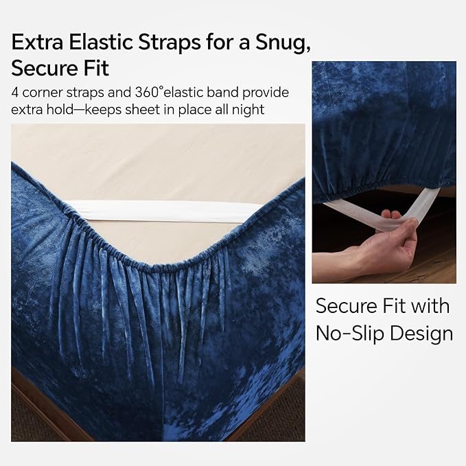 BEDELITE Velvet Fitted Sheet and Pillowcases Set, Luxury Soft Fuzzy Bottom Sheet with Reinforced Elastic Corner Straps, Deep Pocket up to 15 Inch, 1 Fitted Sheet and 2 Pillowcases (Full, Navy Blue)