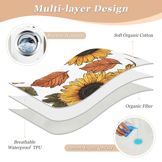 Waterproof Bed Pad Reusable Changing Pad Toddler Mattress Protector Large Pee Pad Baby Diaper Pad Soft Washable Liner White Sunflowers in Autumn