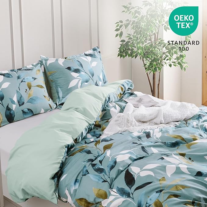 PHF Ultra Soft Floral Duvet Cover Twin Size, Printed Bedding Set 2 Pieces, Comfy Farmhouse Pattern Duvet Cover Set with 1 Pillow Shams, Zipper Closure and 6 Ties, 68"x90", Sage Green Botanical