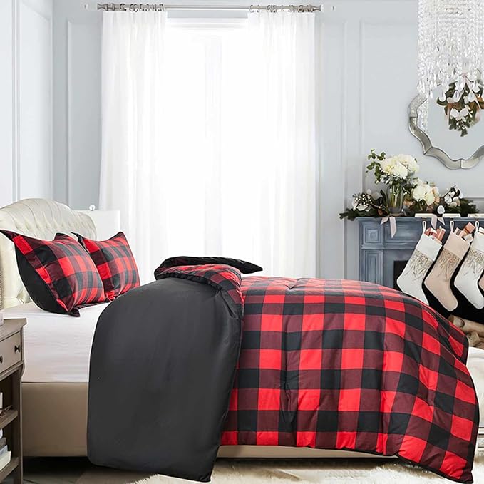 Nanko Merry Christmas Full Size Duvet Cover, Red and Black Grid Plaid Buffalo Check Pattern Print Microfiber Comforter Cover Set, New Year Modern Bedding Sets for Women Men, 3Pcs 80 x 90 in