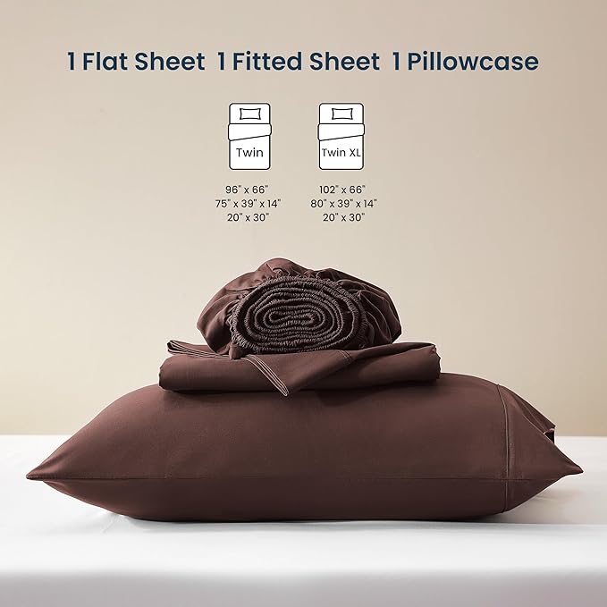 SLEEP ZONE Nanotex Super Soft Cooling Twin Bed Sheets Set for Kids 3 Piece - Easy Care Fitted Flat Sheet & Pillowcase Sets - Wrinkle Free, Fade Resistant, Deep Pocket 16" (Brown, Twin)