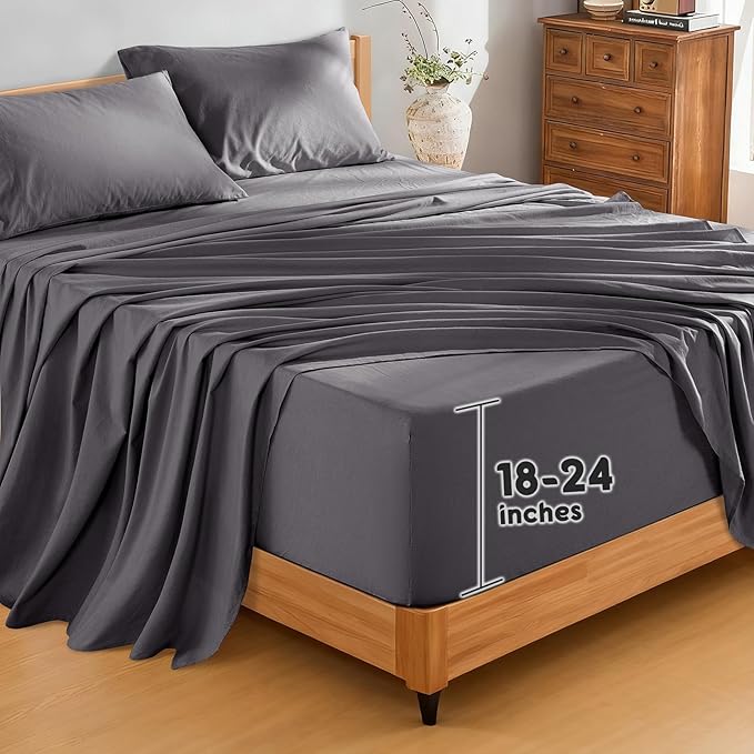 SONORO KATE 100% French Pure Linen Sheets, Extra Deep Pocket up to 18"-24", Breathable and Durable Linen Sheets, Anti-Tear Linen Bed Sheets, Machine Washable - 4 Piece (Dark Grey, King(24" deep))