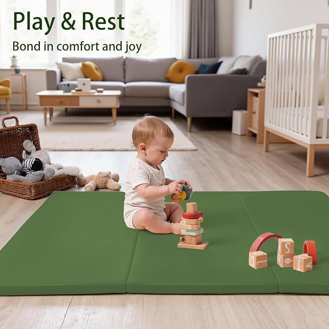 Foam Baby Play Mat: PU Leather Waterproof Kids Playmat - Trifold Floor Mat - Large Play Mat for Playpen Thick Pad Fodable Mattress Soft Toddler Mattress Infant Cushion for Preschool (Green)