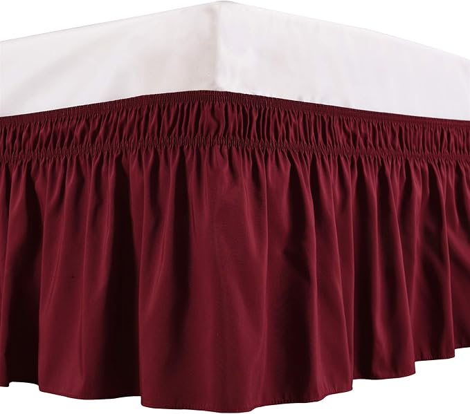 Wrap Around Bed Skirts Elastic Dust Ruffles, Easy Fit Wrinkle and Fade Resistant Silky Microfiber Fabric Solid Color Bedskirt, 12 Inch Tailored Drop Burgundy for RV Bunk 42X80 Size Bed Skirt