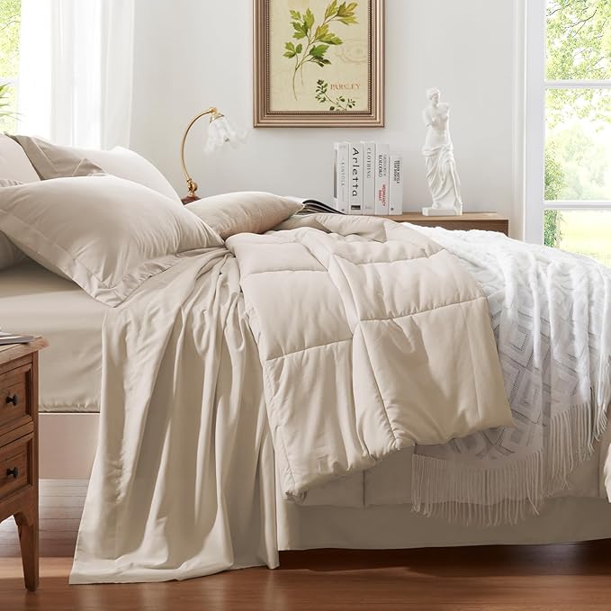 Anluoer Twin Size Bed in a Bag 5 Pieces, Beige Bed Comforter Set with Sheets, All Season Bedding Sets with 1 Comforter, 1 Pillow Sham, 1 Pillowcase, 1 Flat Sheet, 1 Fitted Sheet