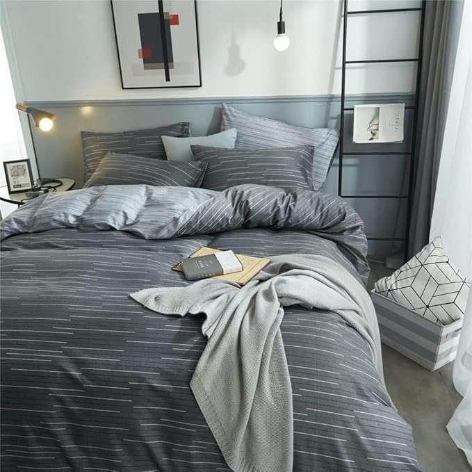 Striped Comforter Set King Size Grey Striped Bedding Comforter 3 Pieces King Comforter Set 1 Stripe Comforter with 2 Pillowcases Geometric Stripes Fluffy Microfiber Comforter King for All Seasons