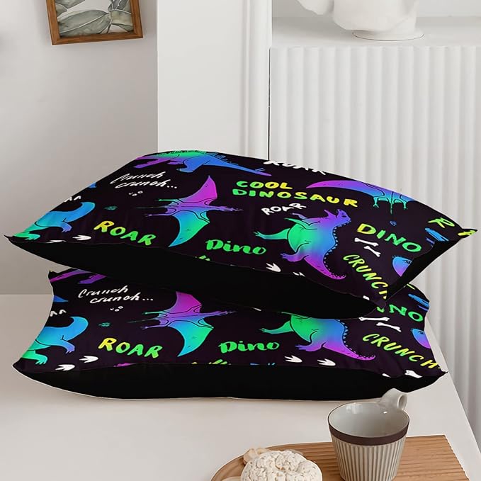 Axolotl Cartoon Dinosaur Bedding Set,Queen Size Kids Bed Set,Gradient Dinosaur Comforter Set,1 Quilt with 2 Pillowcases for Boys Girls Kids Teens Children Adults Room Decor All Season,Black
