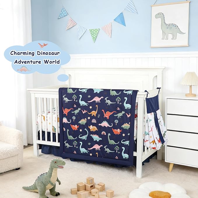 Crib Bedding Set for Boys, Baby Crib Bedding Set 4 Piece, Baby Boy Nursery Bedding Set Including Comforter, Fitted Crib Sheet, Crib Skirt, Diaper Stacker, Blue Dinosaur | Cute Pattern, 4 Piece