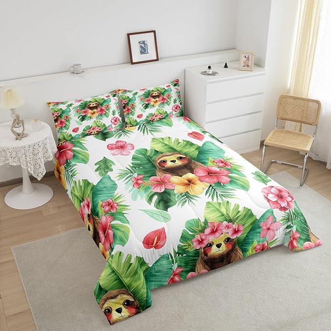 Erosebridal Cartoon Sloth Comforter Set Kawaii Sloth Bedding Palm Leaf Cherry Blossom Monstera Quilt Hawaiian Tropical Leaf Animal Duvet Insert for Kids Boys Girls, 3Pcs King Size