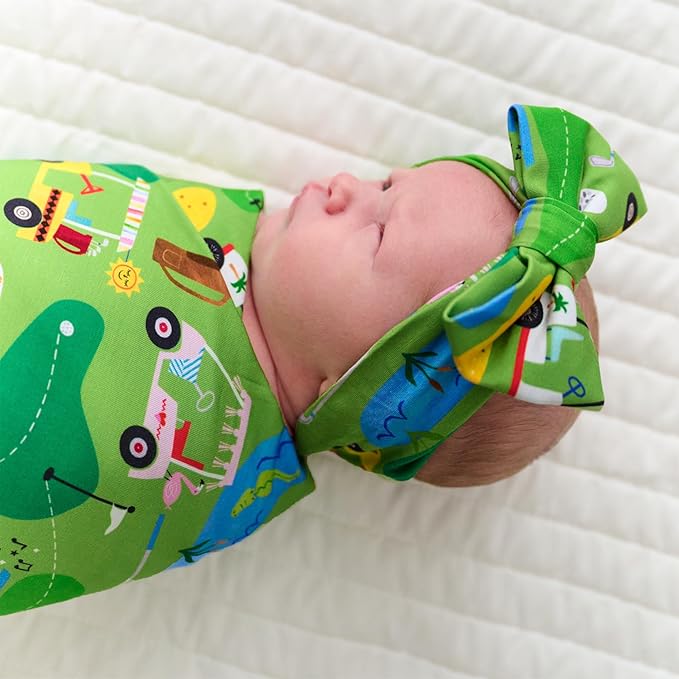 Little Sleepies Swaddle & Headband Bow Set, Viscose from Bamboo Baby Swaddles, Newborn Baby Girl Clothes (Luxe Fairway Fun)