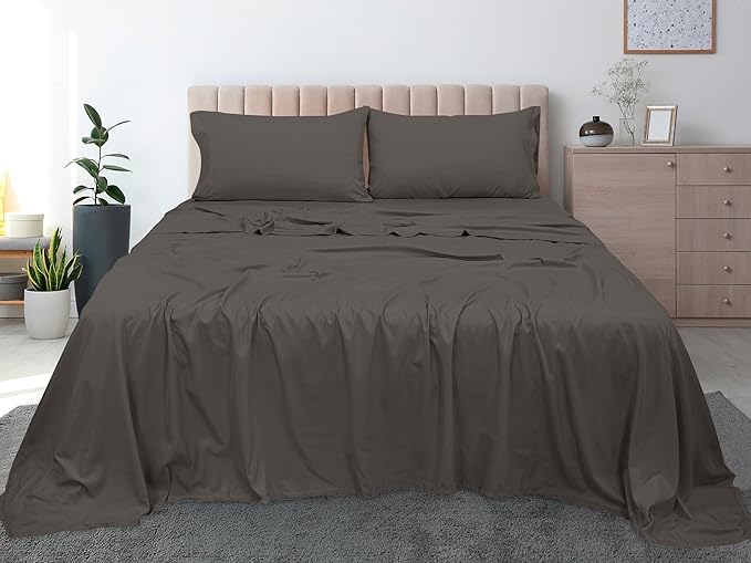 Royale Linens 300 Thread Count 100% Long Staple Combed Cotton Flat Sheet - Super Soft - Top Sheets - King Flat Sheet Sold Separately - Breathable, Cool & Crisp Percale Sheets Only (King, Grey)
