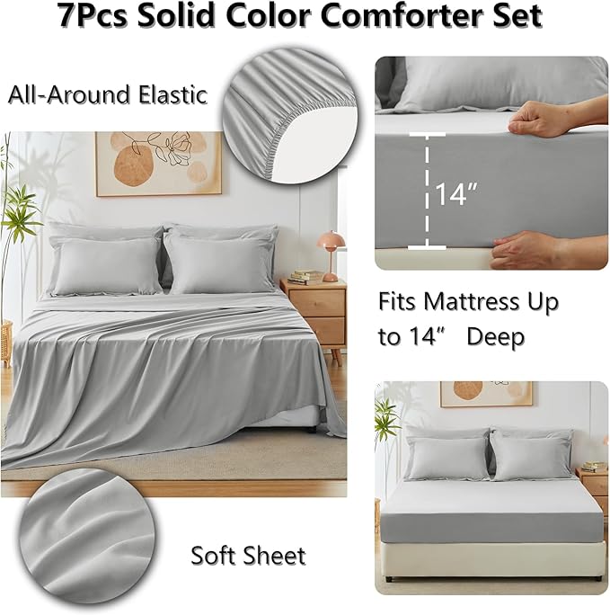 CozyLux Queen Comforter Set Light Grey, 7 Pieces Bed in a Bag Queen Comforter Set with Sheets, Soft Bedding Sets with Down Alternative Comforter, Fitted Sheet, Flat Sheet, Pillow Shams and Pillowcases