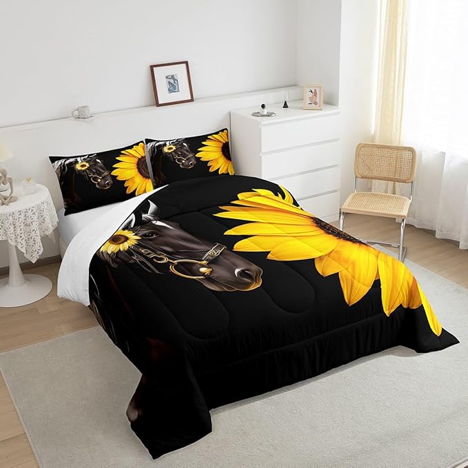Erosebridal Horse Comforter Set Full,Sunflower Horse Bedding Set for Boys Girls Teens Adults,Western Cowboy Farmhouse Down Comforter Farm Animal Quilt Duvet Sets Bedroom Decor 2 Pillow Cases Black