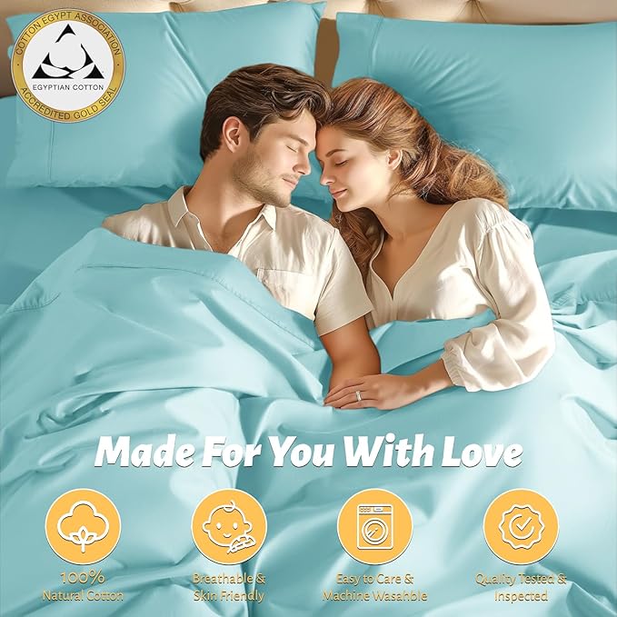 Shilucheng 100% Egyptian Cotton Queen Size Sheets Set - 1000 Thread Count，Luxury Cotton Bed Sheets，Breathable & Cooling Bedding and Pillow Cases, 16 Inch Deep Pocket - 4 Piece (Spa Blue, Queen)