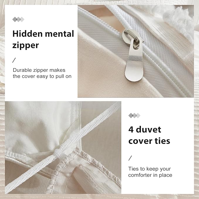 WARMDERN Boho Duvet Cover Set Queen Size,Khaki Striped Duvet Cover Microfiber Bedding Set,3PCS Ultra Soft Breathable Lightweight Tuft Texture Pattern Duvet Covers with Zipper Closure(Khaki,Queen)