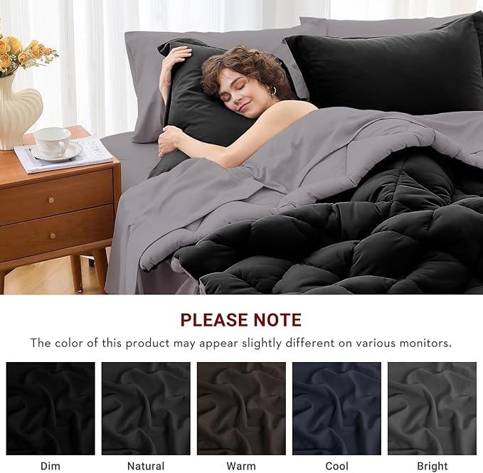 MUXHOMO 7 Pieces Queen Comforter Set, Reversible Bed in a Bag Queen Size, All Season Bedding Set with Comforter, Flat Sheet, Fitted Sheet, Pillowcases & Shams, Black & Soot