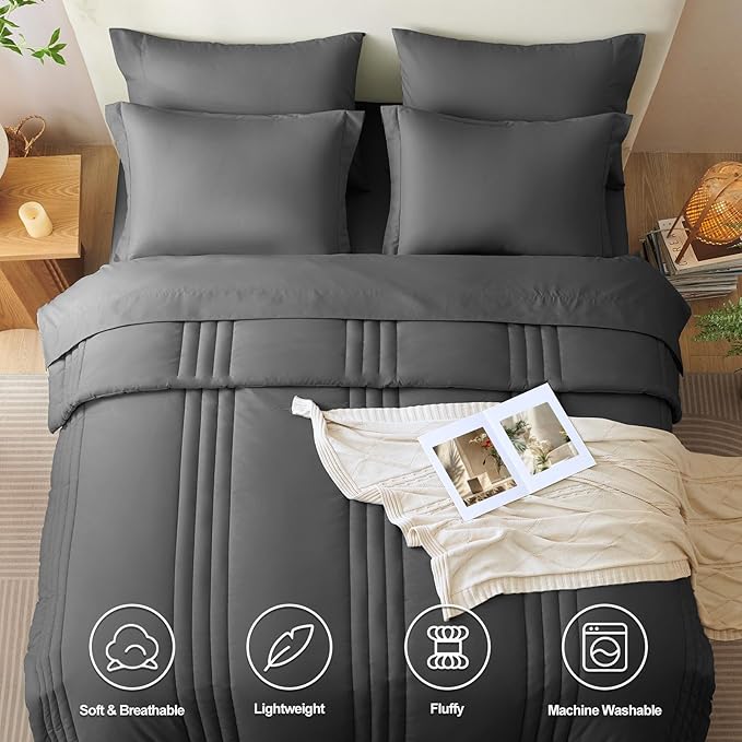 CozyLux King Size Comforter Sets - 7 Piece Bed in a Bag Dark Grey Comforter Set with Sheets Bed Set All Seasons, Soft Bedding Set with Down Alternative Comforter, Sheets, Pillowcases & Shams
