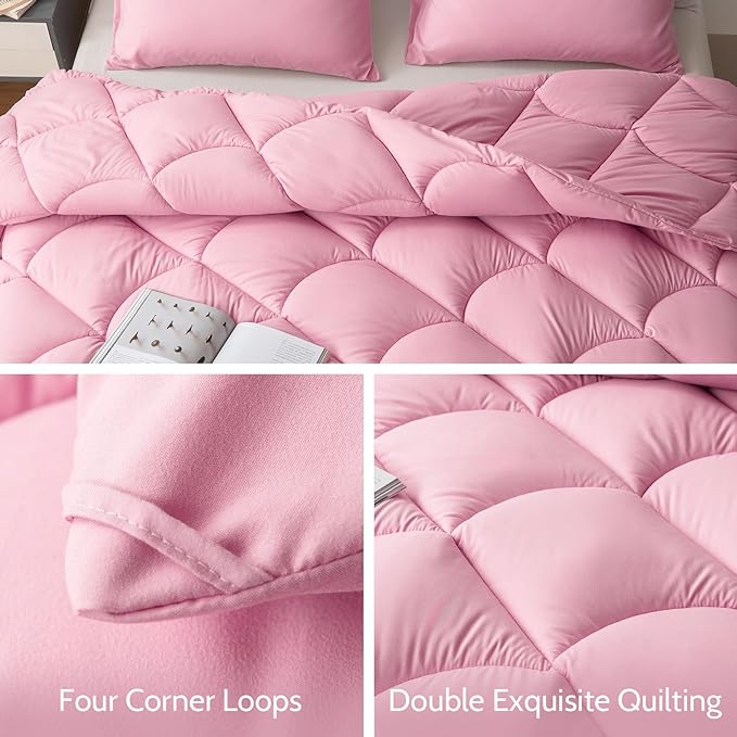 Decroom Lightweight King Comforter Set with 2 Pillow Sham - 3 Pieces Set - Quilted Down Alternative Comforter/Duvet Insert for All Season - Pink - King Size