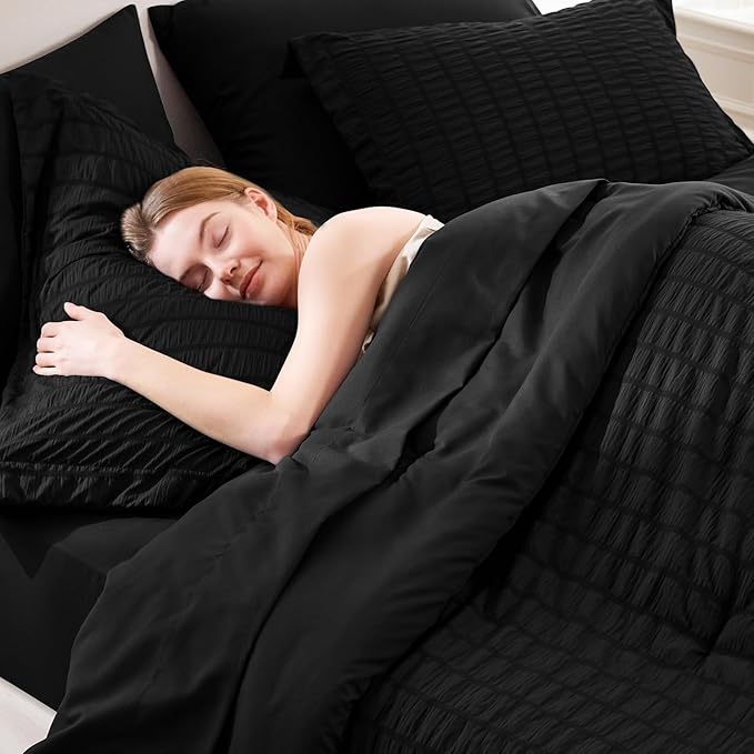 CozyLux Twin XL Comforter Set with Sheets Seersucker Black 5 Pieces Bed in a Bag, Twin Extra Long Luxury Soft Bedding Sets for College Dorm with Down Alternative Comforter, Sheets, Pillowcases & Shams