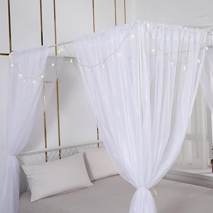 Akiky Princess Canopy Bed Curtains Set with Star Light Sheer Curtain for King Size Bed,8 Panels Canopies (King, White)