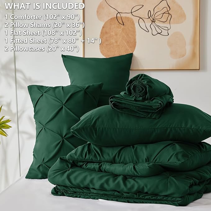 King Comforter Set Emerald Green, 7 Pieces Pintuck Bed in A Bag King Size Bedding, Soft Bed Set All Season Pinch Pleat Comforter Set with Sheets, Pillowcases & Shams