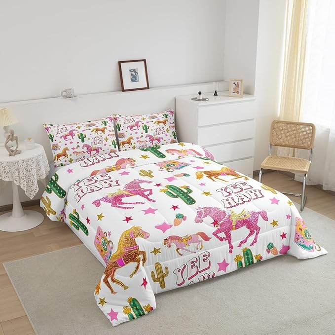 Feelyou Pink Glitter Cowgirl Decor Comforter Set Toddler Size for Girls Adults Cowboy Horse Boots Print Kids Kawaii Bedding Set Girly Whitewooden Farmhouse Quilt Set with 1 Pillowcase