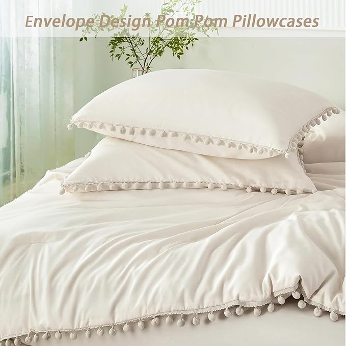 PERFEMET Beige Bed in A Bag Full Size 5 Pieces Aesthetic Pom Pom Bedding with Sheet Set Soft Fluffy Cream Boho Solid Bed Set for All Seasons(Beige Cream, Full)