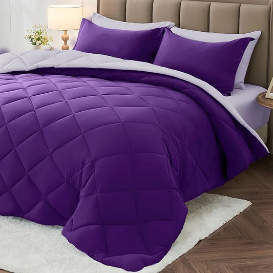 MUXHOMO 5 Pieces Twin Comforter Set, Reversible Bed in a Bag Twin Size, All Season Bedding Set with Comforter, Flat Sheet, Fitted Sheet, Pillowcases & Shams, Purple & Lavender