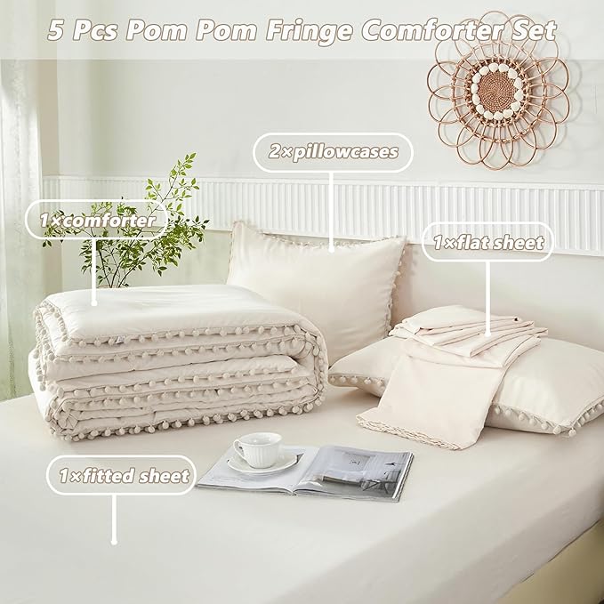 PERFEMET Girls Comforter Set Twin Size Beige Cream 5 Pieces Boho Pom Pom Bed in A Bag with Sheets Ultra Soft Lightweight Fluffy Beige Solid Bedding Set Matching 2 Pillowcases(Beige Cream, Twin)