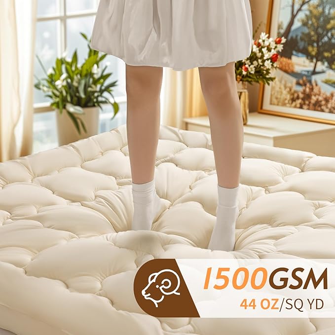Luxury 100% Organic Wool Mattress Topper Made from Australian Merino,Extra Thick Pillow Top Mattress Pad with 100% Cotton Cover, Fuffy Mattress Cover (Beige, Queen(60"x80"))