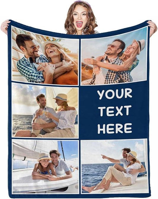 Customized Flannel Picture Blanket, 5 Photos Personalized Blanket Customized Gifts Gifts for Wife Husband Her Him Anniversary Wedding Couple Gifts
