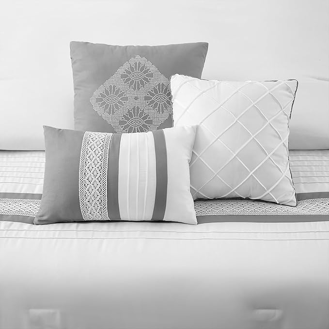 7 Piece Comforter Set, Grey White, California King, Boho Style Geometric Microfiber Embroidery, Bed in a Bag with Bedskirt, Pillow Shams and Decor Pillows