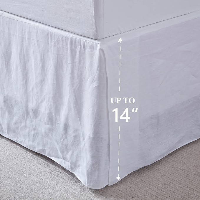 Simple&Opulence Belgian Linen Bed Skirt with Classic 14 inch Tailored Drop Dust Ruffle, Easy Fit Breathable Premium Natural Flax- Basic White, King
