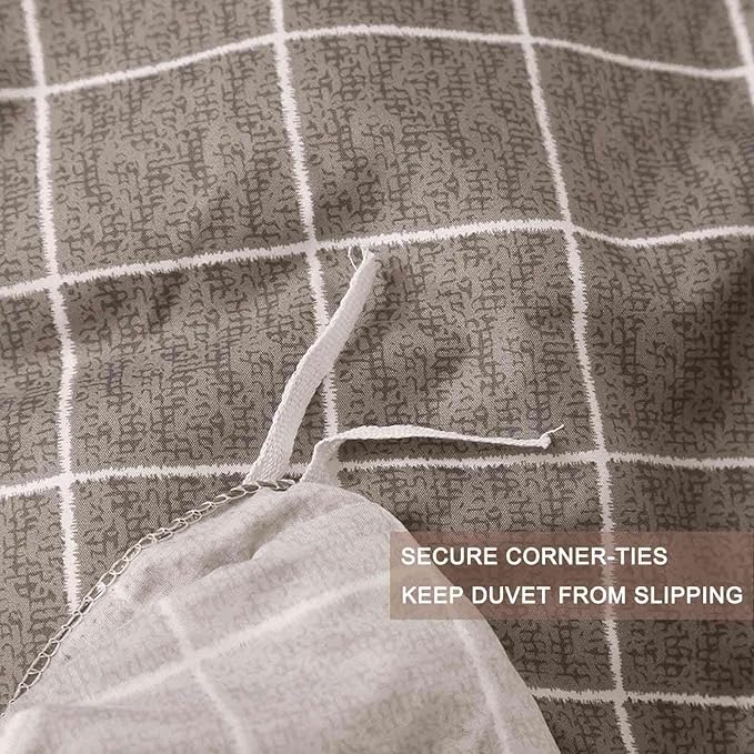 Nanko Grid Duvet Cover Twin Set, 2 Pieces 1200 TC Luxury Microfiber Down Comforter Quilt Cover with Zipper Closure, Ties - Grey Modern Bedding for Men Teen Seniors, Plaid Gray Brown
