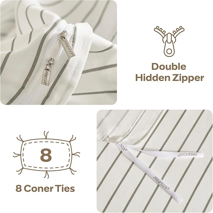 JELLYMONI Striped Duvet Cover Set - Queen Size 100% Cotton - 3PCS White & Grey Vertical Stripes Bedding - Hidden Zipper Closure & 8 Corner Ties - Breathable Comforter Cover for Bedroom