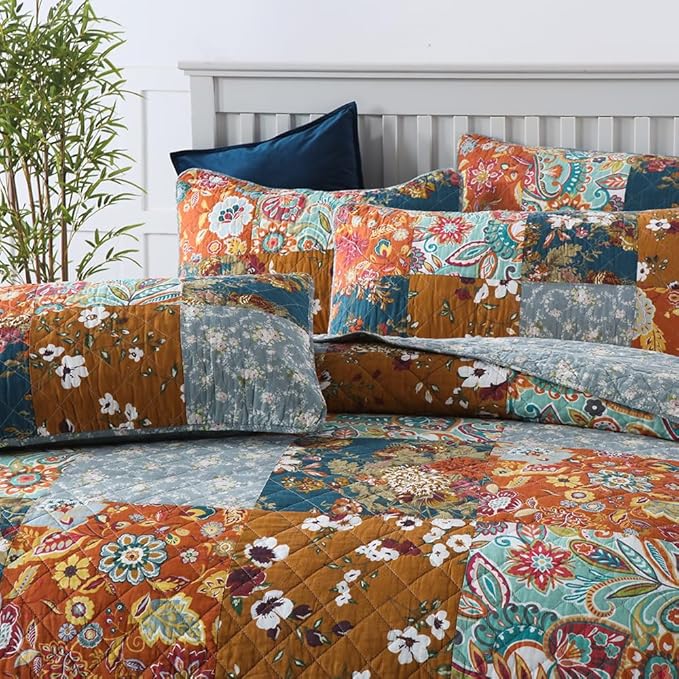 Autumn Dream Cotton Bedspread Quilt Sets Reversible Bedding Coverlet Sets Comforter, Vintage Floral Patchwork Red Blue Bedspread, King Size (Yellow Grey Floral Patchwork, King (96 by108 Inch)) | Breathable material, Reversible, Jacquard stitching, Soft...