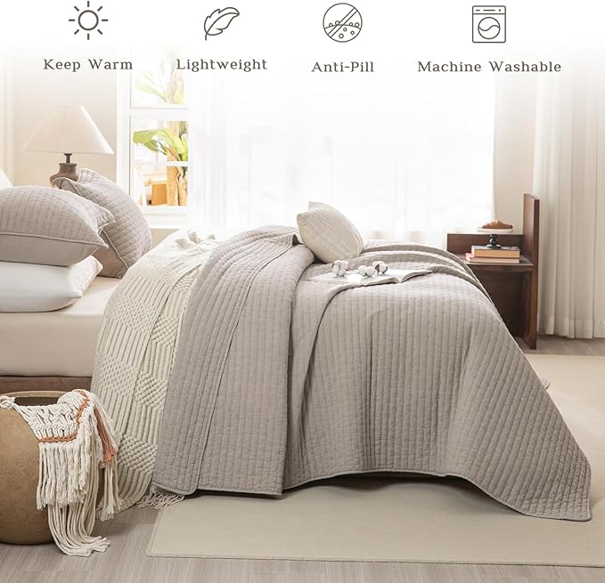 CozyTide Oversized King Bedspread 128x120,Stone-Washed Cotton Linen Colored Lightweight Quilt Set 3Pcs Soft Farmhouse Extra Large King Quilt Coverlet Bedding Set for All Season