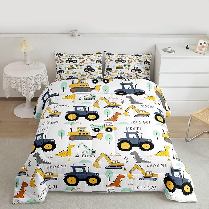 Cartoon Car Kids Comforter Set King, Excavator Tractor Bedding Set for Child Teens, Dinosaur Comforter Equipment Truck Quilted Duvet, Heavy Machinery Construction Bedding Comforter with 2 Pillowcases