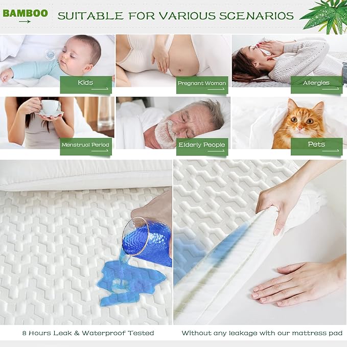 GRT Full Size Waterproof Mattress Protector Rayon Bamboo - 3D Air Fiber Cooling Mattress Protector Cover, Breathable Mattress Pad Noiseless 8''-21'' Deep Pocket Machine Washable