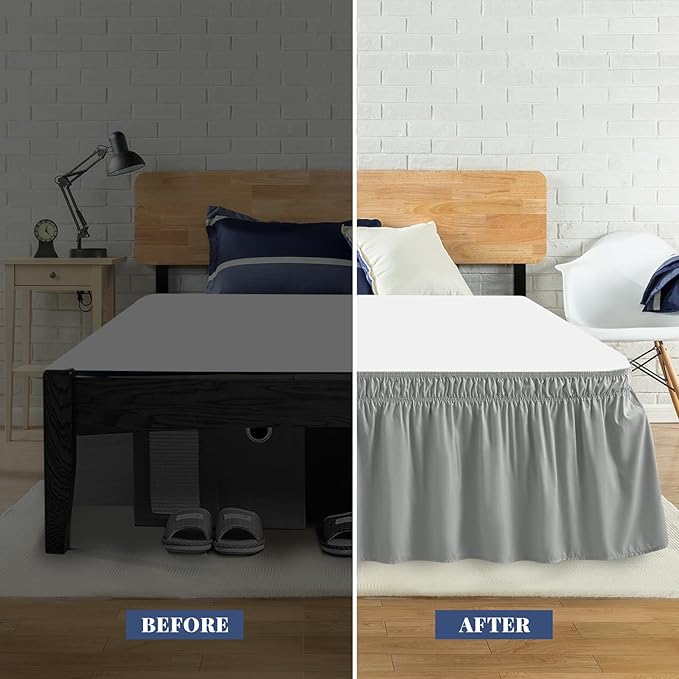 King Bed Skirt, Elastic Wrap Around Bed Skirt King Size, Bed Skirts for Adjustable Bed, Easy Fit with 18" Drop Length Tailored Drop Dust Ruffle (Grey)