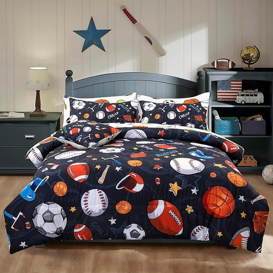 A Nice Night Boys Rugby Balls Comforter Set 6-Piece Bed-in-a-Bag with Sheet Set, Queen Size Polyester Bedding Collections for Kids, Durable & Easy Care, Sports Theme Design for Boys Bedroom