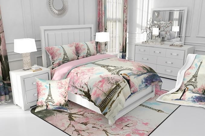 Paris Decor Comforter Set King Girly French Eiffel Tower Bedding Sets For Girls Kids Women Couple Bedroom Pink Cherry Blossoms Duvet Insert Watercolor Paris Tower Comforter Valentine 3 Pieces