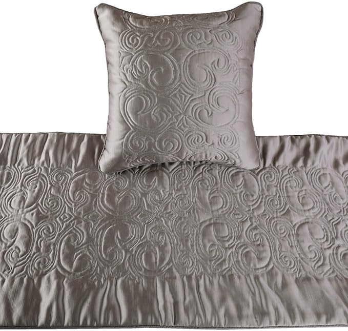 The HomeCentric Luxury Silver Twin 53 x 18 inch Bed Runner with 2 Pillow Cover, Satin Quilted Bed Scarf, Abstract Modern - Silver Soft