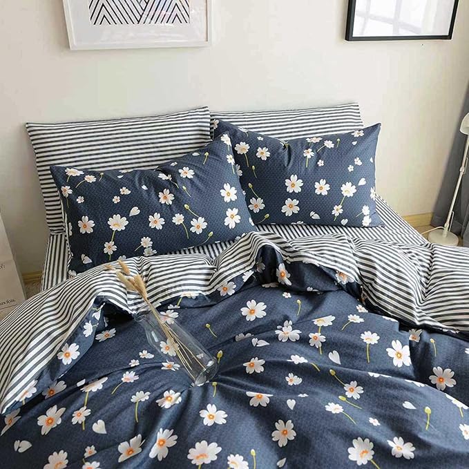 HighBuy Floral Duvet Cover Kids Girls Shabby Chic Duvet Cover Set Cotton Striped Reversible Stripe Pattern Navy Blue Teens Boys Bedding Set Twin Single Bed Comforter Covers