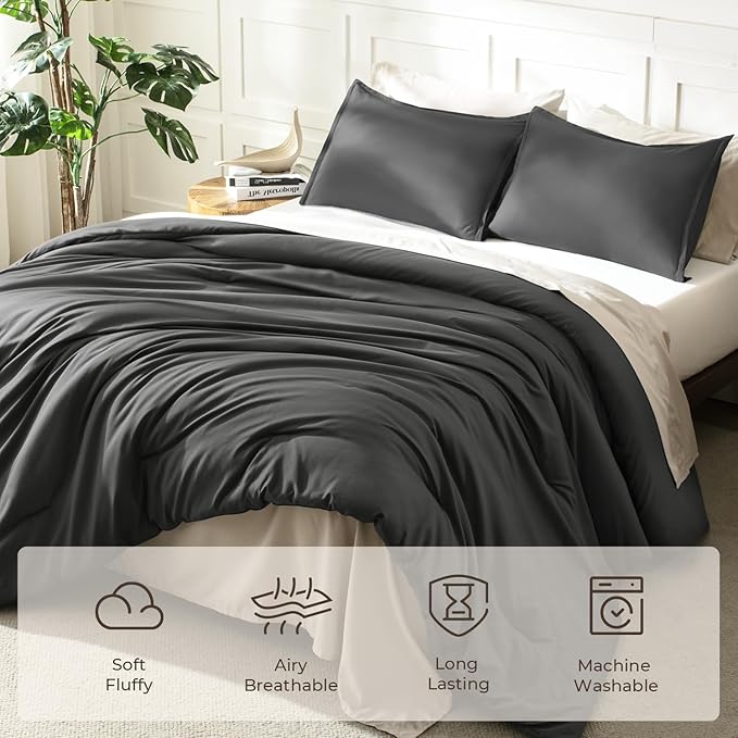 Litanika Dark Grey Comforters Oversized Queen Size, 3 Pieces Lightweight Solid Bedding Comforter Set, All Season Fluffy Bed Set (98x98In Comforter & 2 Pillowcases)