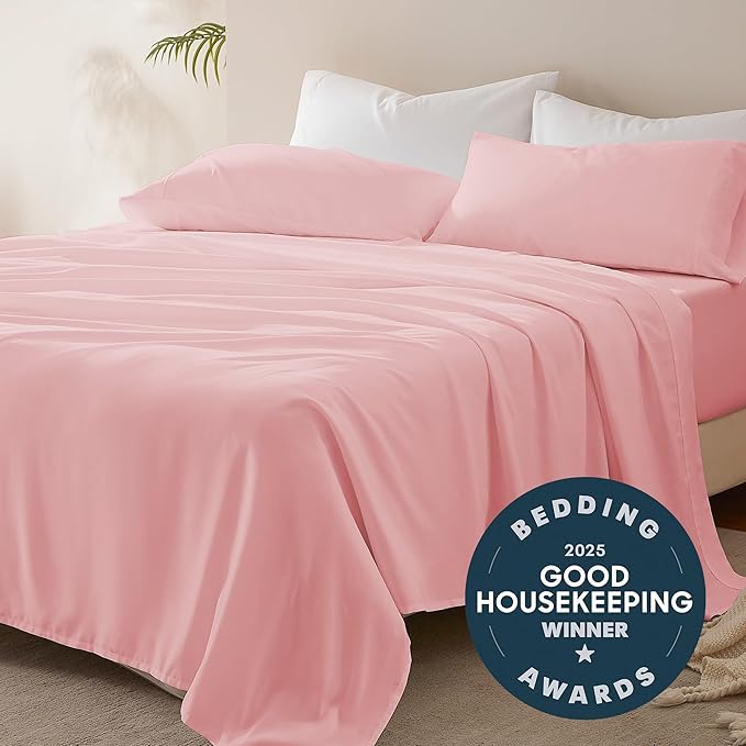 SLEEP ZONE Nanotex Super Soft Cooling Queen Bed Sheets Set 4 Piece - Easy Care Fitted Flat Sheet & Pillowcase Sets - Wrinkle Free, Fade Resistant, Deep Pocket 16" (Ballet Pink, Queen)